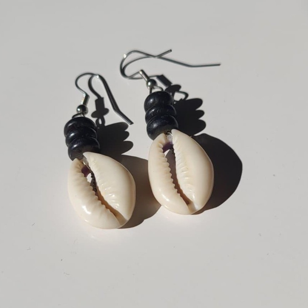Handmade Cowrie Shell Earrings Black Bead Dangle Boho Beach Jewelry
